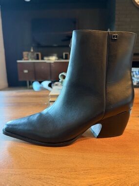 Franco Sarto Black Leather Pointed Ankle Booties with Block Heel